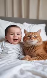 a baby lying down next to an orange cat