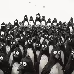 many penguins with eyes and beaks are standing in a group