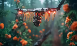 a small bird flying near orange flowers in a forest