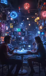 two people sitting at a table talking