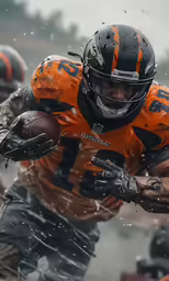 a couple of men are running through the rain with a football