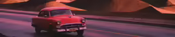 an antique red car on a road with mountains in the background