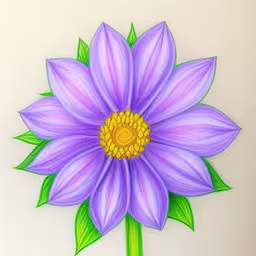 a drawing of a large purple flower with green leaves,a picture of a beautiful purple flower,a painting of a purple flower with leaves on top,this is an easy to draw drawing of a purple flower,a drawing of a flower on a piece of paper