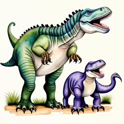 an adult dinosaur and child dinosaur are depicted in this art work