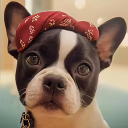 a small dog with a bandana on its head
