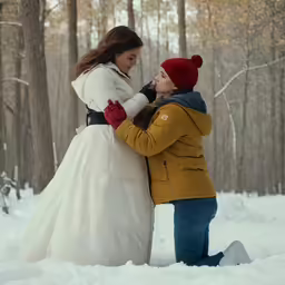 the two people are hugging each other in the snow
