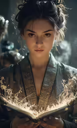 a girl in a kimono reading a book and looking to her left