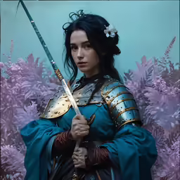 woman dressed in blue armor holding a sword