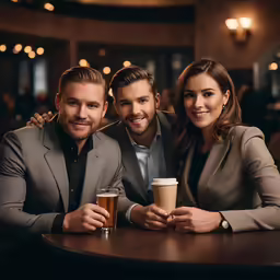 three people sitting at a table with cups of coffee