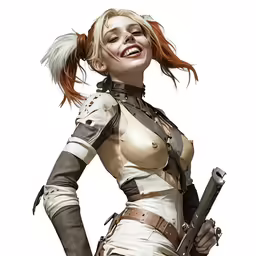 a woman in white leather clothing and gun