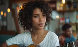 a woman is holding an acoustic guitar while another man looks on
