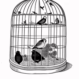 an open bird cage with birds sitting on top,birds are standing in an open cage on the ground