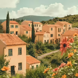 a row of buildings sitting on top of a lush green hillside