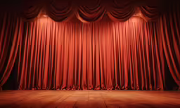 an empty stage with red curtains and wooden floor