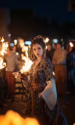 woman dressed in a medieval era dress with some torches in her hand