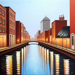 an art painting on a city wall with a waterway and buildings