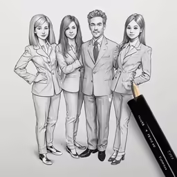 a drawing of a penciled image of three people