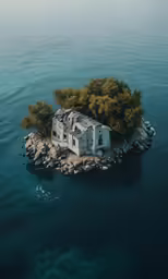 a lone house is floating in the water near a rock island