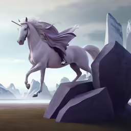 a beautiful white unicorn on top of a rock in the ocean