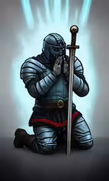 an illustration of a knight kneeling next to a sword