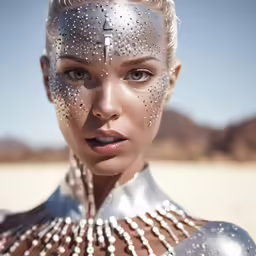 woman with white makeup wearing a futuristic looking outfit