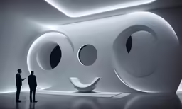 a couple of people that are standing in front of some circles