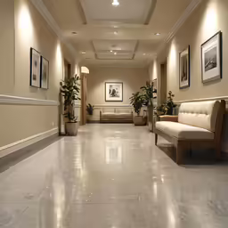 large commercial hotel lobby with large couches, plants and pictures