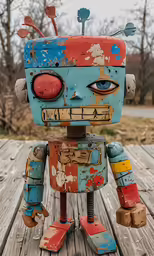 a broken up and rusty robot that is sitting on a wood table