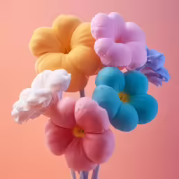 a group of four colored fake flowers in a glass vase
