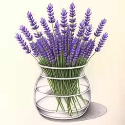 a drawing of some lavender flowers in a vase,a picture of lavender flowers in a vase,a bunch of lavenders in a vase on a table,a glass vase filled with lavender flowers,a drawing of lavender flowers in a vase