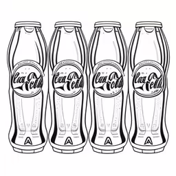 four different versions of coke bottles drawing,a line up of coca - cola bottles,four coca cola cans line up in an image,black and white drawing of three cans of soft drink soda,three empty soda bottles, one full and one half - full