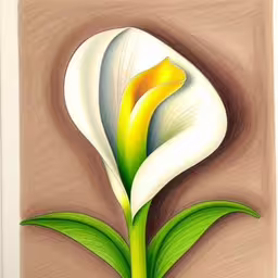 this is an image of a flower that is drawn in pastel,a painting of a white flower with green leaves,a drawing of a white flower with green leaves,a flower with a green leaf in front of a brown background,painting of a single flower is featured in this picture
