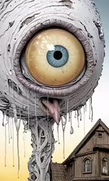 a drawing of an eye in front of a house