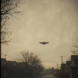a plane flying over a street with houses