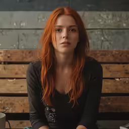 a girl with bright orange hair sitting by some wood