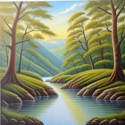 a painting that looks like the river is running through the woods,the painting shows water, a mountain range, and some trees,painting of a stream by a large mountain with trees,a painting of a river running through a lush green forest,a painting depicting trees and water near a cliff
