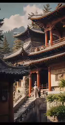 a chinese style building with a lot of red pillars