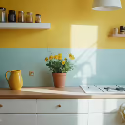 a yellow pitcher sitting on top of a counter