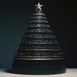 a dark black sculpture with a white star on top