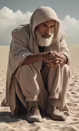 a man in a long hood sits on a beach sand