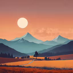 an illustration of a mountain range with a moon at the end,a painting of a field with mountains in the background