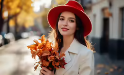 woman in red hat holding bouquet of flowers