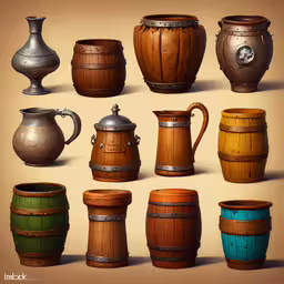 the pitcher, vases, and kettles are different shapes and sizes,several different types of jars and vases