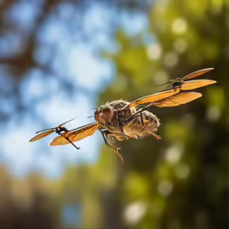 an insect is flying past another insect in the sky