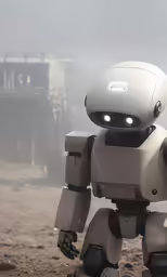 a robot walking along a sandy beach near the ocean