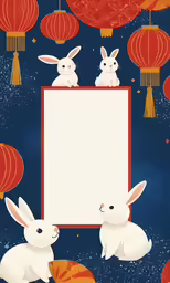 a card with two bunnies, two lanterns and paper