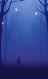 two people standing in the distance with light and trees in the background