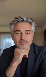 a man looking at the camera while wearing a suit