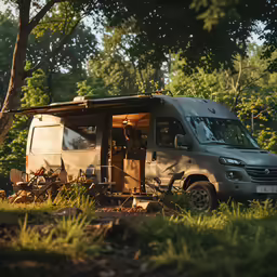 a woman standing in front of her motor home