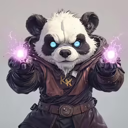an animal with two glowing blue eyes is dressed in a suit